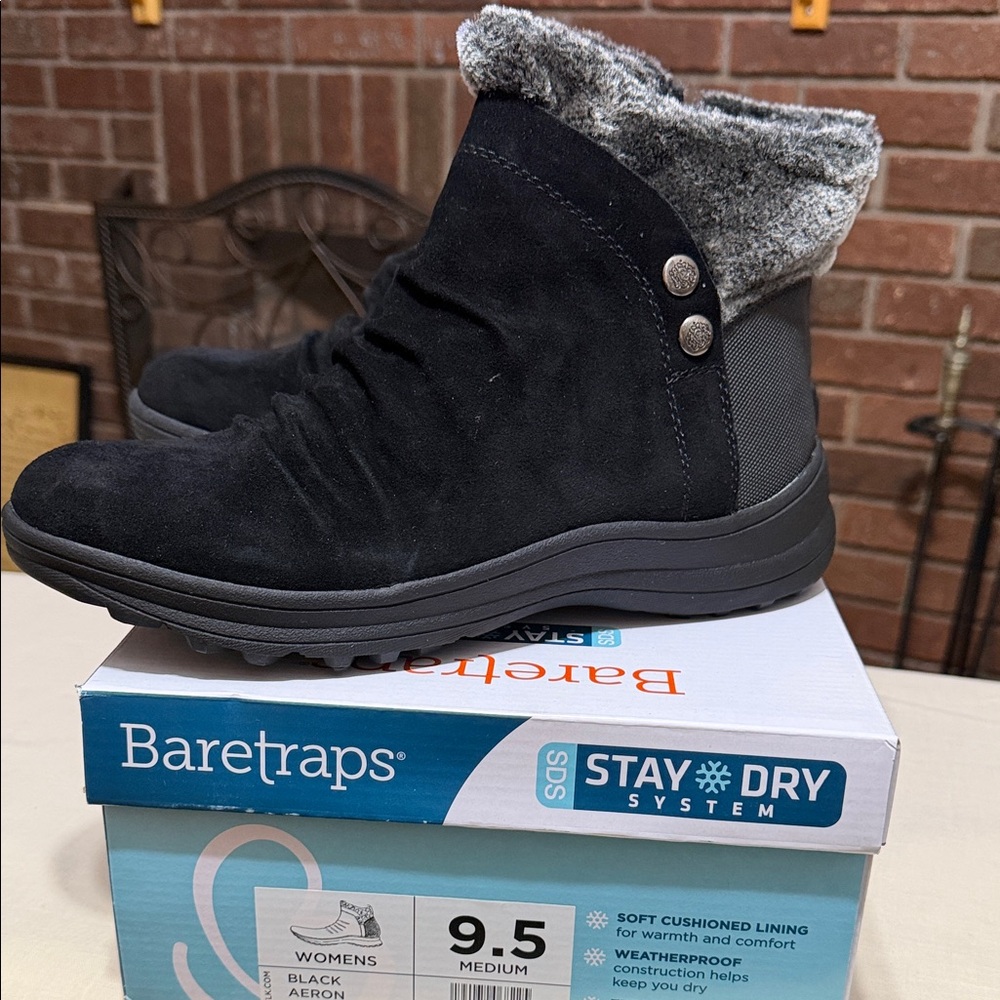 BareTraps Aeron Black Suede Faux-Fur Cuffed Ankle Boots, Size 9.5. New in box.